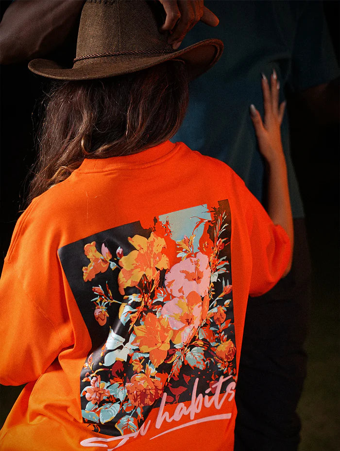 Bad Habits - Orange Graphic Drop Shoulder Unisex Oversized T-Shirt