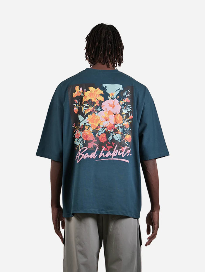 Bad Habits - Peacock Green Graphic Drop Shoulder Unisex Oversized T-Shirt