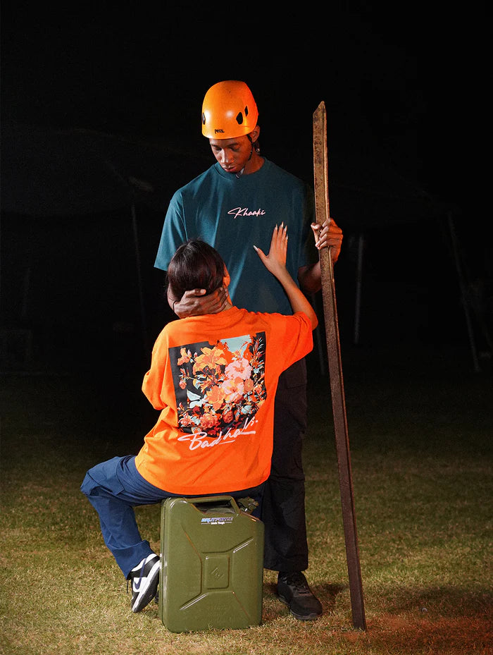 Bad Habits - Orange Graphic Drop Shoulder Unisex Oversized T-Shirt