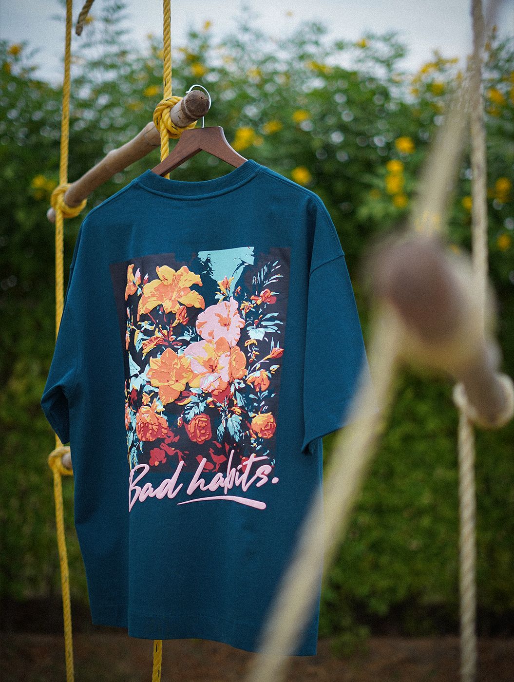 Bad Habits - Peacock Green Graphic Drop Shoulder Unisex Oversized T-Shirt